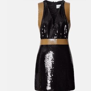 Sequin Black and Tan Sleeveless V-Neck Dress